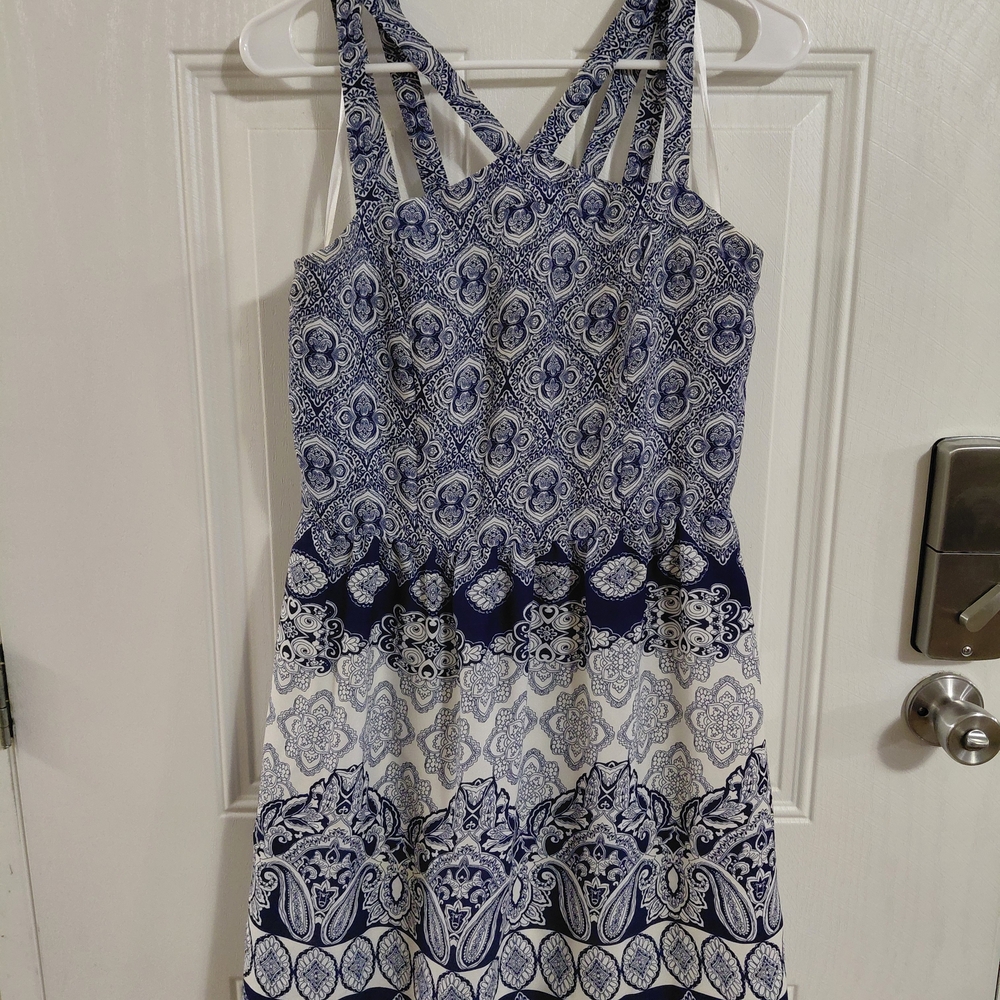 Monteau Navy and White Patterned Midi Dress